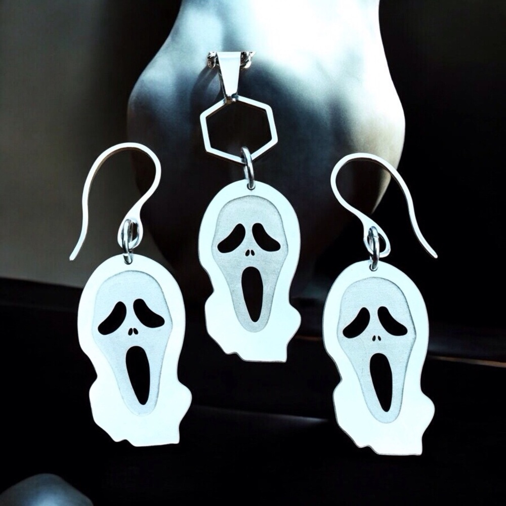 🆕 Ghost Laser Etched Necklace and Earrings Set Stainless Steel
